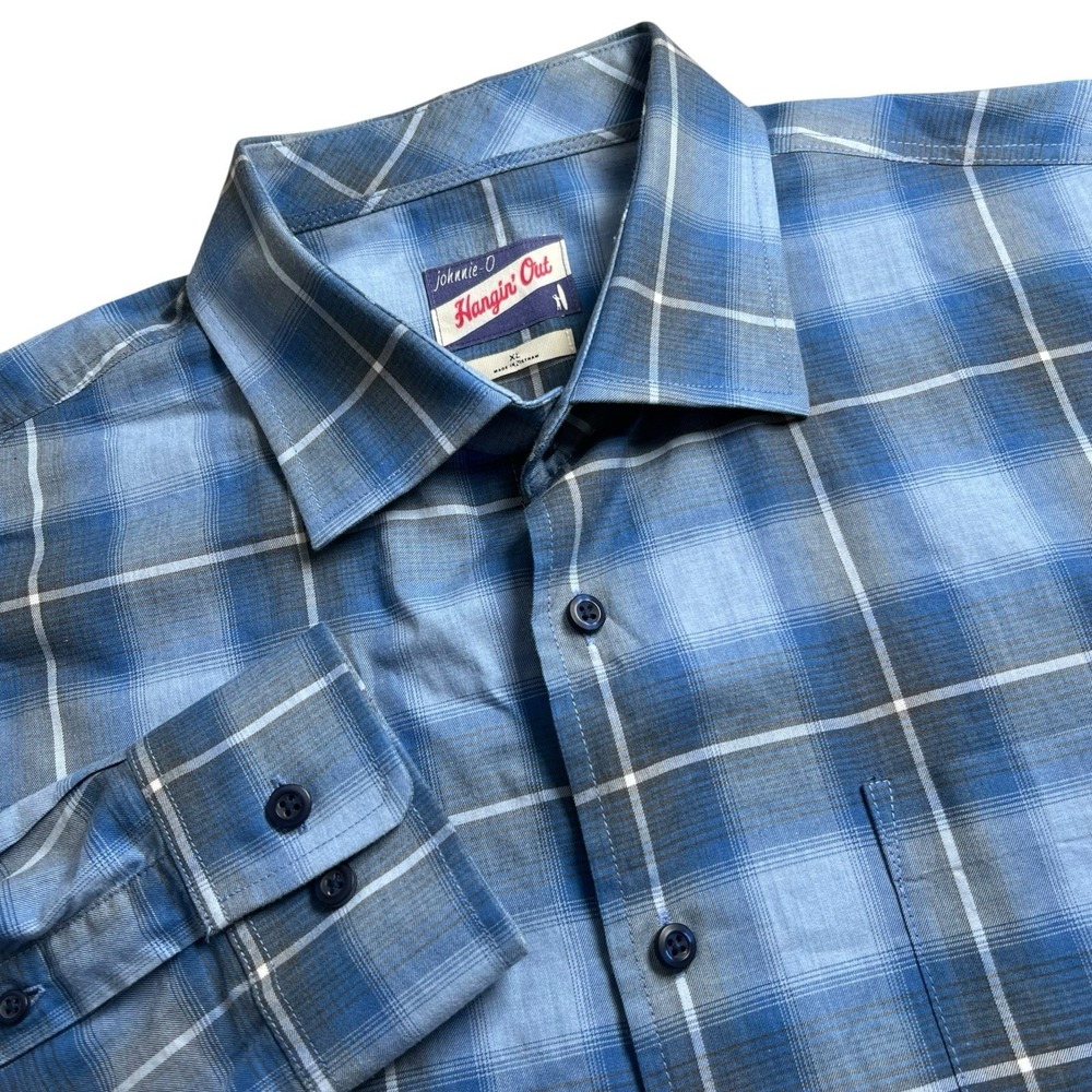 Johnnie-O Mens XL Blue Plaid Cotton Stretch Long Sleeve Button Up Shirt